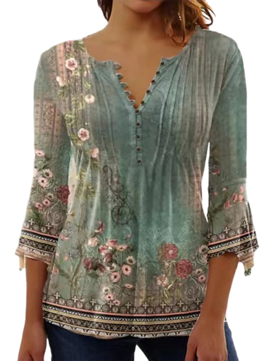 Women Button up Blouses for Women Floral Print Shirts 3/4 Sleeve V Neck Pleated Front Blouse Tops Summer Casual T-Shirts Dark Green M