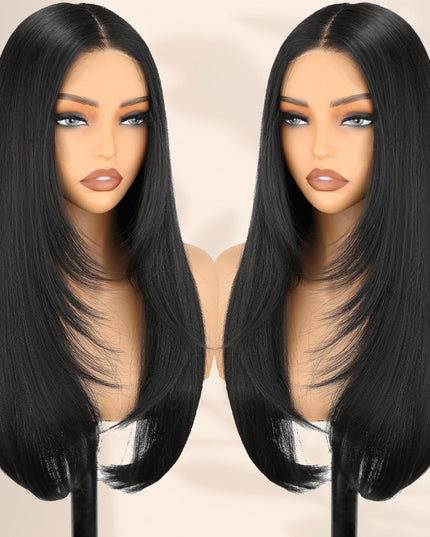 Black Wear and Go Glueless Wigs Straight Lace Front Wig Pre Cut Glueless Synthetic Layered Wig 24 Inch Middle Part Closure Wig for Women