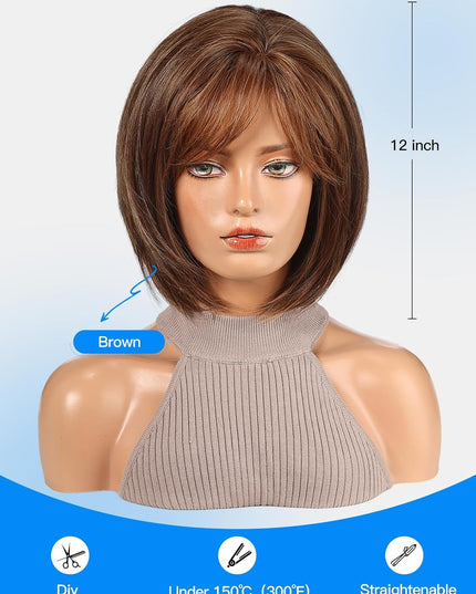 Bob Wigs for Women Synthetic Wig with Fringe Brown Color