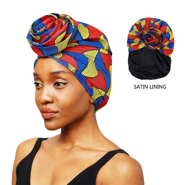 Woman African Satin Lined Turban Cap Big Flower Hat Floral Printed Headwrap Bonnet Muslim Headscarf Ladies Beanies