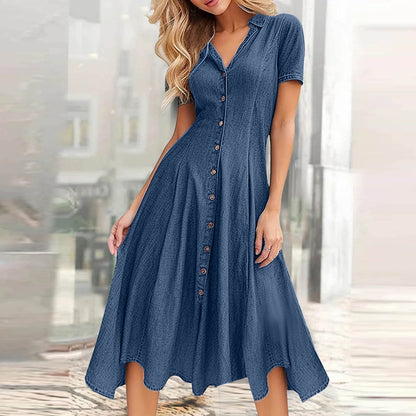 Denim Dress for Women Short Sleeve Button down Jean Dress Summer Casual Midi Denim Flowy Dresses