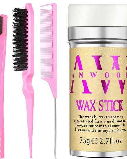 Slick Back Hair Styling Kit for Hair: 4Pcs Wax Stick, Edge Control Brush, Rat Tail Comb & Bristle Brush for Flyaways, Smoothing & Volumizing