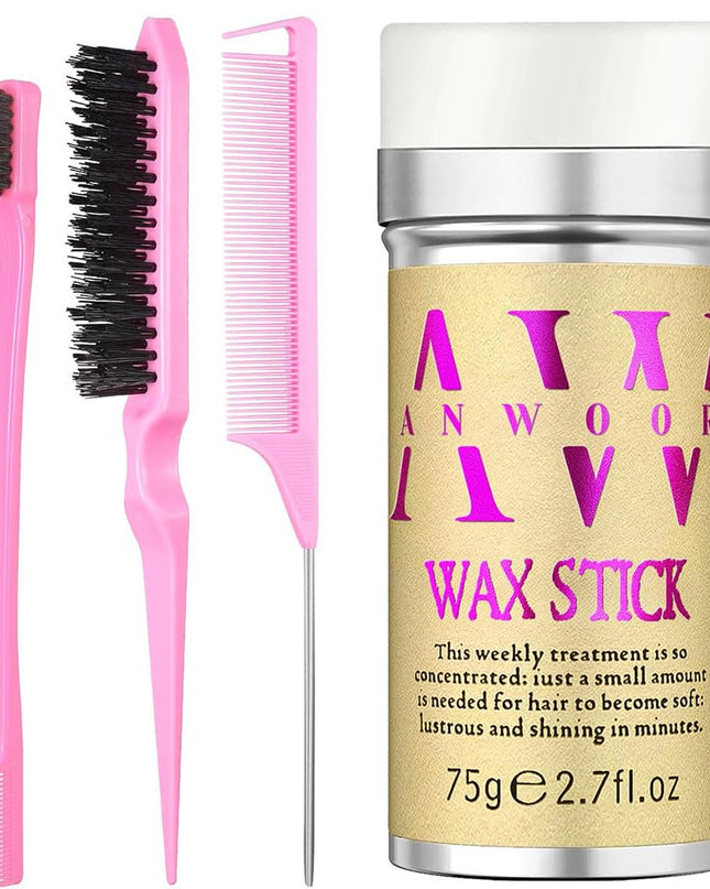 Slick Back Hair Styling Kit for Hair: 4Pcs Wax Stick, Edge Control Brush, Rat Tail Comb & Bristle Brush for Flyaways, Smoothing & Volumizing