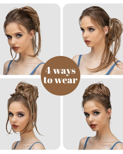 Messy Bun Hair Piece Curly Hair Bun Extensions with Straight Tails Synthetic Hair Scrunchies Ponytail Hairpieces for Women Brunette/Butter Blonde