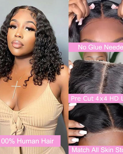 Bob Wig Human Hair Glueless 4X4 Water Wave Wigs Human Hair Glueless Wear and Go Bob Wig Pre Plucked Pre Cut Closure Short Curly Bob Wigs Natural Hairline 180% Density （12Inch）