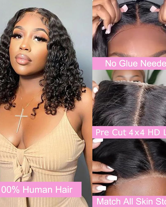 Bob Wig Human Hair Glueless 4X4 Water Wave Wigs Human Hair Glueless Wear and Go Bob Wig Pre Plucked Pre Cut Closure Short Curly Bob Wigs Natural Hairline 180% Density （12Inch）