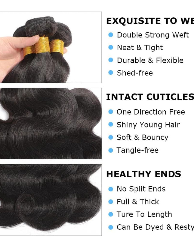 Body Wave Bundles Human Hair 18 20 22 Inch 100% Unprocessed Brazilian Hair 12A Grade 3 Bundles Human Hair Body Wave Hair Extensions for Women Natural Black