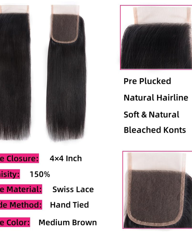 14 Inch Brazilian Straight Virgin Human Hair Extensions - 4 Bundles with Closure, 10A Unprocessed, 50G/Pcs, Natural Color (14 14 14 14 with 14 Closure)