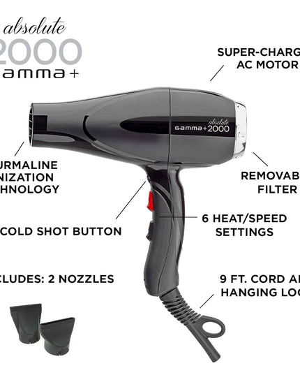Gamma+ Absolute Power and Absolute 2000 Professional Tourmaline Ionic Unisex Hair Dryer with 2 Concentrator Nozzles