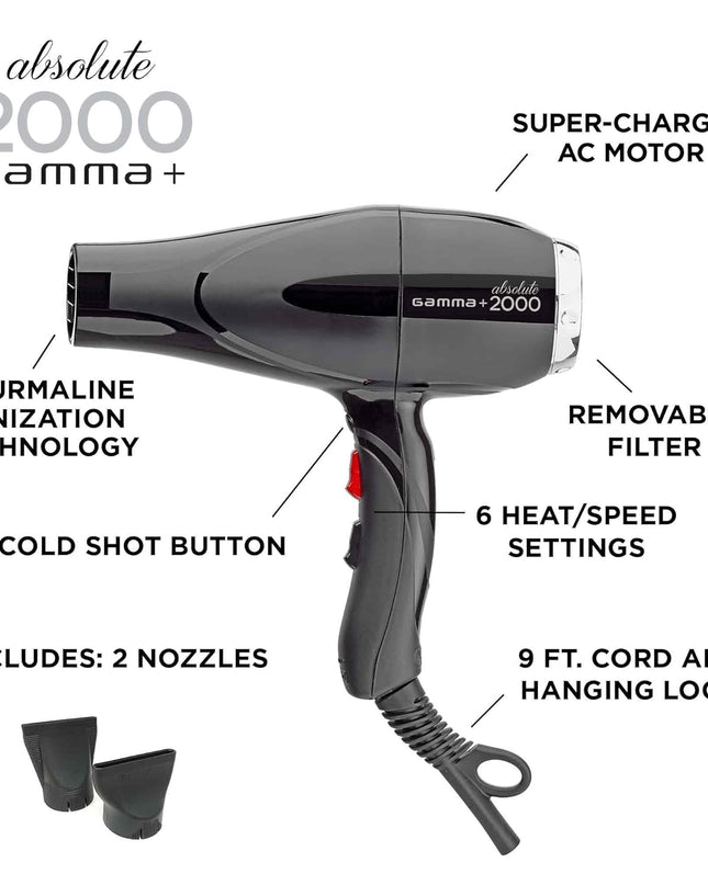Gamma+ Absolute Power and Absolute 2000 Professional Tourmaline Ionic Unisex Hair Dryer with 2 Concentrator Nozzles