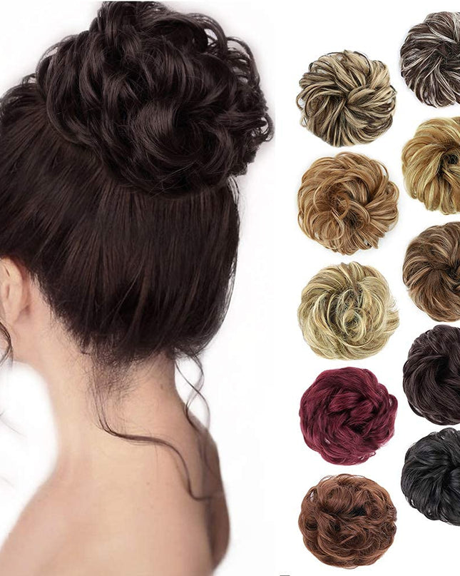 1PCS Messy Hair Bun Hair Scrunchies Extension Curly Wavy Messy Synthetic Chignon for Women (1-6#(Dark Brown))