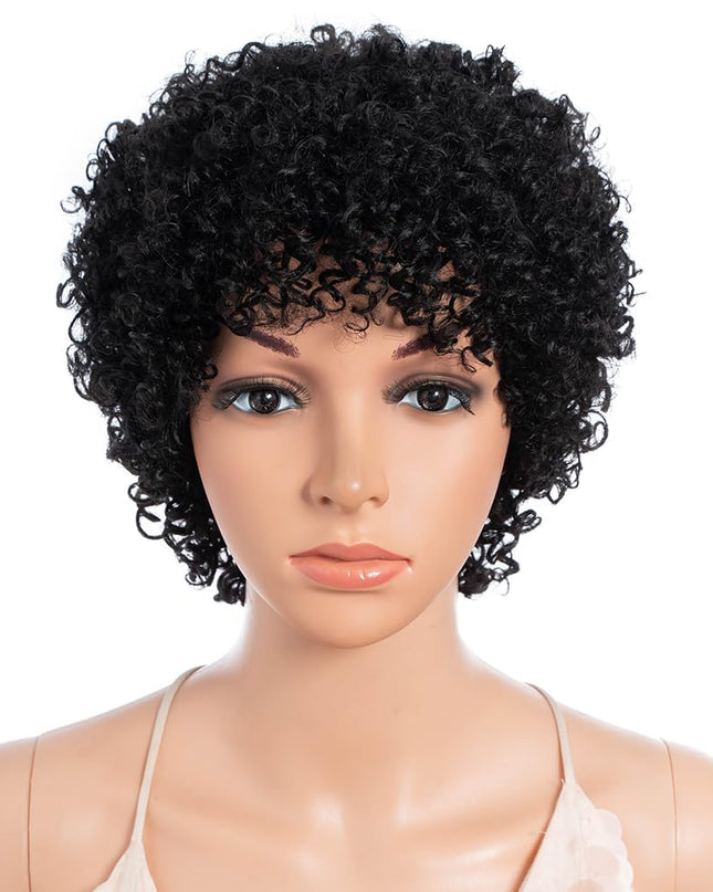 Afro 5" Short Curly Wigs 100% Brazilian Hair Natural Spiral Curls - Afro Wigs for Black Women-Human Hair Wigs-Short Capless Wigs (20.5"-22.5" Head Size- Snug Fit Average Head Sizes, 1B)