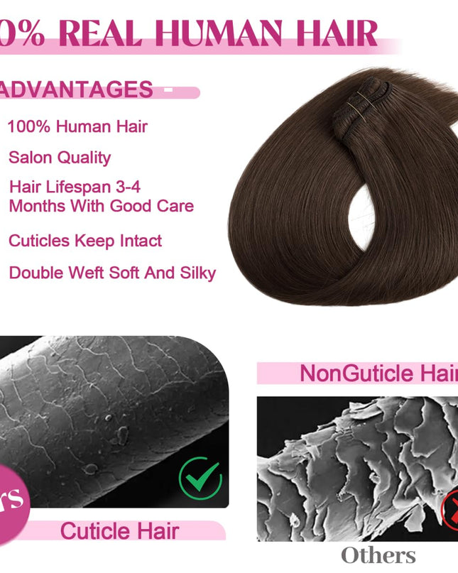 Clip in Hair Extensions Real Human Hair, Remy Human Hair Extensions Clip Ins for Women, 100% Natural Human Hair, Double Weftm, 16Inch 90G 8Pcs, #4 Chocolate Brown