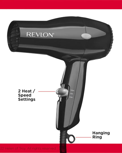 Travel Hair Dryer | Salon-Style Blowouts, Lightweight Design, 1875 Watts for Fast Drying with 2 Heat & Speed Settings for Drying and Styling Flexibility (Black)