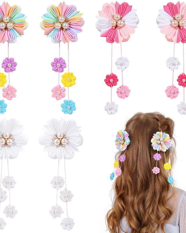 6Pcs Hair Bows, Flower Bows Hair Clips, Hair Accessories for Girls with Alligator Clips, Barrettes for Women Kids Teen (Colored, Pink, White)