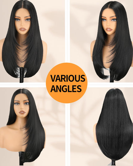 Black Wear and Go Glueless Wigs Straight Lace Front Wig Pre Cut Glueless Synthetic Layered Wig 24 Inch Middle Part Closure Wig for Women
