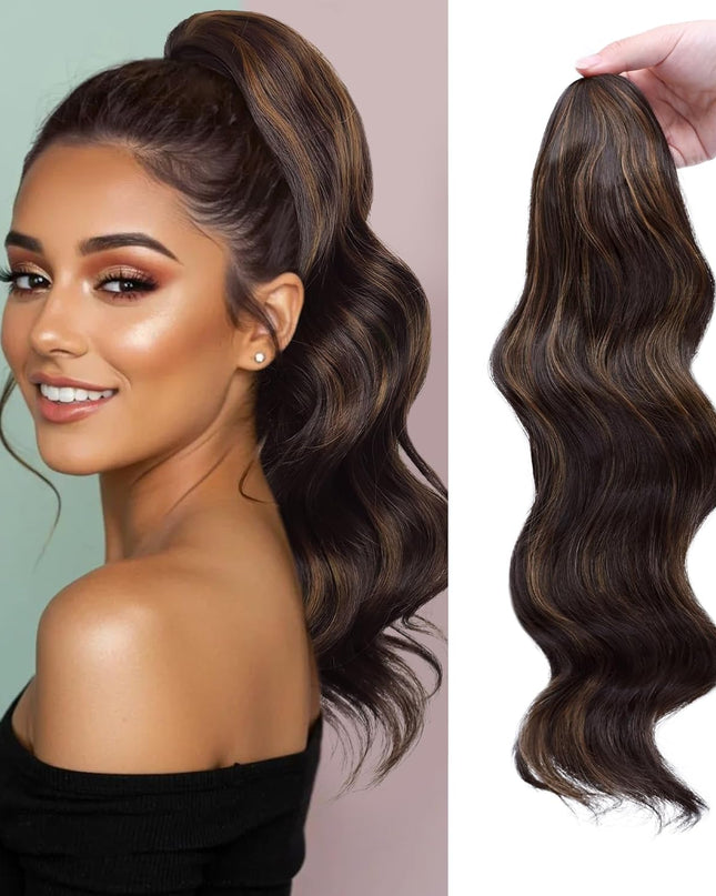 Claw Clip Ponytail Extension,20 Inch Dark Brown Curly Wavy Ponytail Claw Clip in Hair Extension for Women Fluffy Natural Looking Synthetic Hairpiece for Daily Use(20 Inch,Dark Brown Mixed Chestnut)