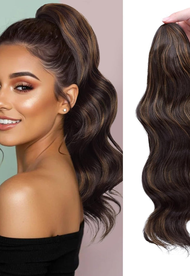 Claw Clip Ponytail Extension,20 Inch Dark Brown Curly Wavy Ponytail Claw Clip in Hair Extension for Women Fluffy Natural Looking Synthetic Hairpiece for Daily Use(20 Inch,Dark Brown Mixed Chestnut)