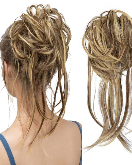 Messy Bun Hair Piece Curly Hair Bun Extensions with Straight Tails Synthetic Hair Scrunchies Ponytail Hairpieces for Women Brunette/Butter Blonde