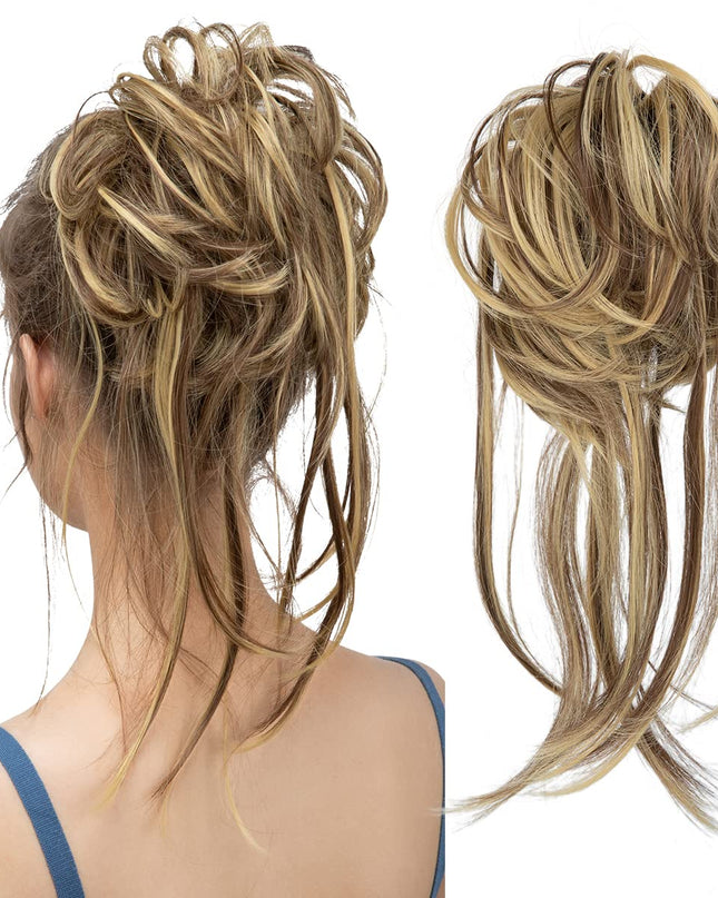 Messy Bun Hair Piece Curly Hair Bun Extensions with Straight Tails Synthetic Hair Scrunchies Ponytail Hairpieces for Women Brunette/Butter Blonde