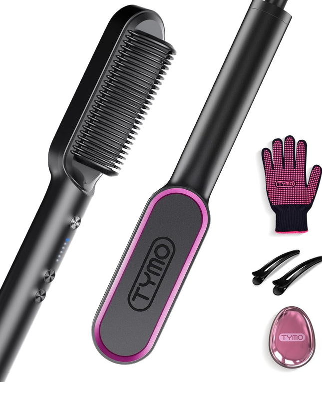 Hair Straightener Brush,  Ring Hair Straightener Comb Straightening Brush for Women with 5 Temps 20S Fast Heating & Dual Voltage, Black