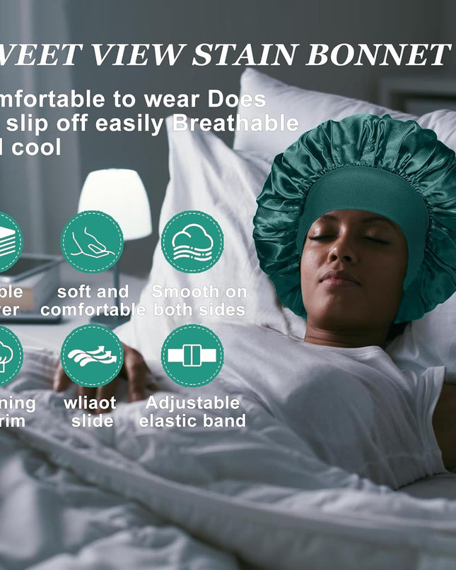 4PCS Silk Satin Bonnets for Black Women & Men - Elastic Wide Band Hair Wrap Cap for Curly Hair - Shower Cap for Sleeping (Black, Peacock Blue, Pink, Khaki)