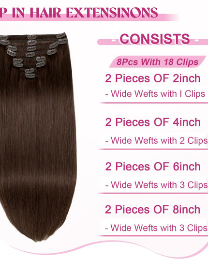 Clip in Hair Extensions Real Human Hair, Remy Human Hair Extensions Clip Ins for Women, 100% Natural Human Hair, Double Weftm, 16Inch 90G 8Pcs, #4 Chocolate Brown