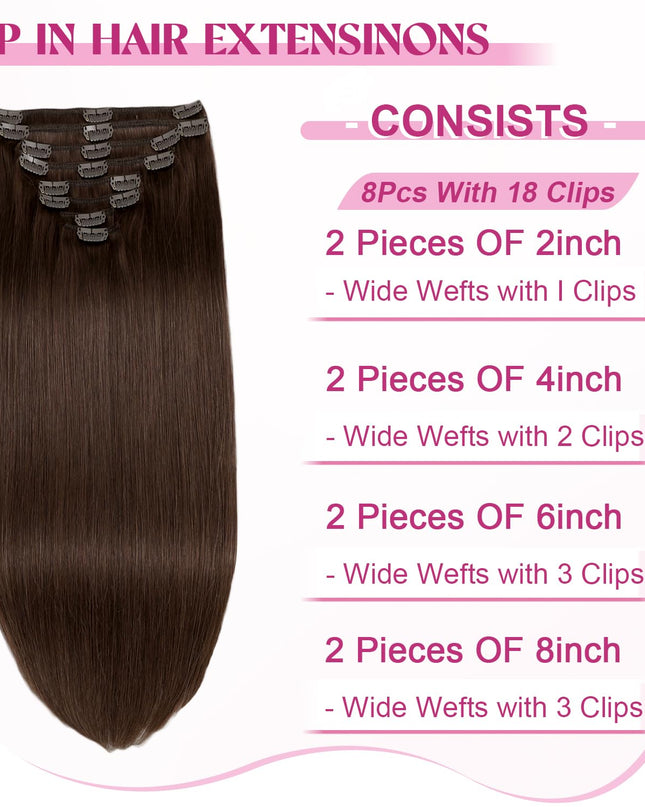 Clip in Hair Extensions Real Human Hair, Remy Human Hair Extensions Clip Ins for Women, 100% Natural Human Hair, Double Weftm, 16Inch 90G 8Pcs, #4 Chocolate Brown