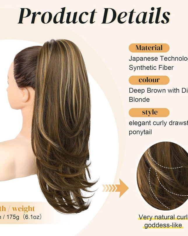 Ponytail Extension for Women, 20 Inch Drawstring Ponytail Hair Extension for Women, Soft Natural Looking Synthetic Pony Tails Hairpiece (Deep Brown with Dirty Blonde)