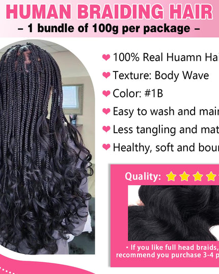 Human Braiding Hair 100G One Bundle/Pack 16 Inch Natural Black Body Wave Curly Bulk Human Hair for Braiding No Weft 100% Unprocessed Brazilian Human Hair Braiding Hair for Boho Braids