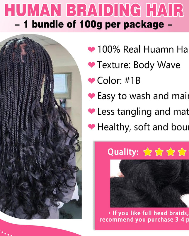 Human Braiding Hair 100G One Bundle/Pack 16 Inch Natural Black Body Wave Curly Bulk Human Hair for Braiding No Weft 100% Unprocessed Brazilian Human Hair Braiding Hair for Boho Braids
