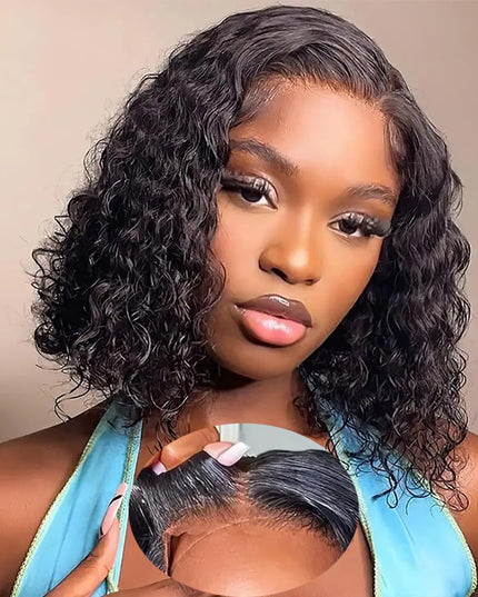 Bob Wig Human Hair Glueless 4X4 Water Wave Wigs Human Hair Glueless Wear and Go Bob Wig Pre Plucked Pre Cut Closure Short Curly Bob Wigs Natural Hairline 180% Density （12Inch）