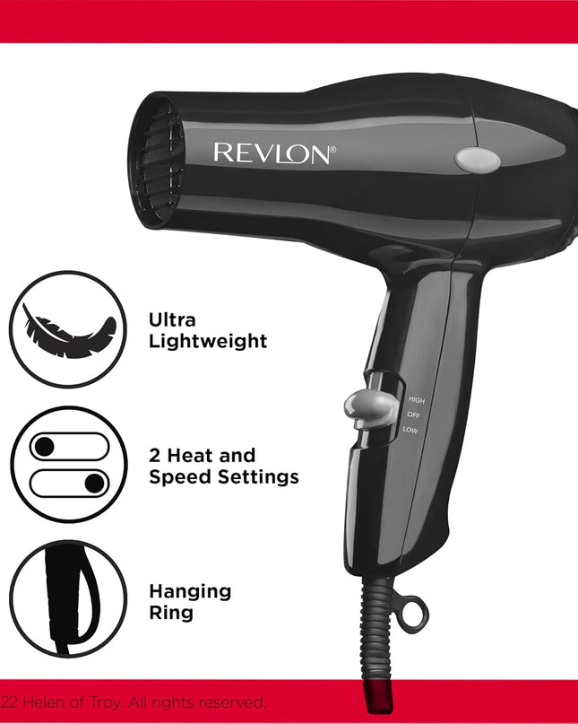 Travel Hair Dryer | Salon-Style Blowouts, Lightweight Design, 1875 Watts for Fast Drying with 2 Heat & Speed Settings for Drying and Styling Flexibility (Black)