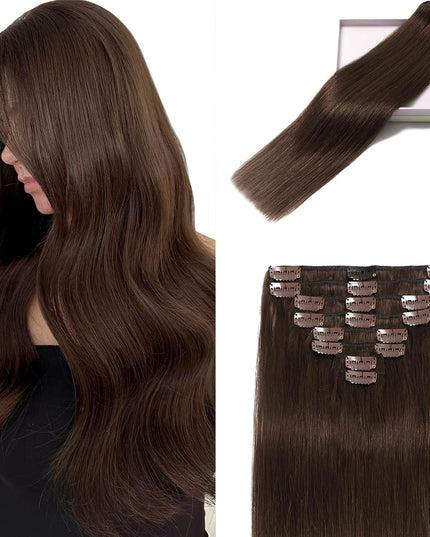Clip in Hair Extensions Real Human Hair, Remy Human Hair Extensions Clip Ins for Women, 100% Natural Human Hair, Double Weftm, 16Inch 90G 8Pcs, #4 Chocolate Brown