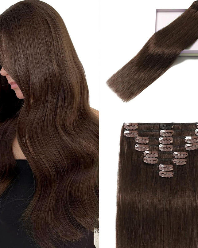 Clip in Hair Extensions Real Human Hair, Remy Human Hair Extensions Clip Ins for Women, 100% Natural Human Hair, Double Weftm, 16Inch 90G 8Pcs, #4 Chocolate Brown