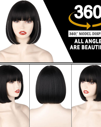 Black Short Bob Wig,Straight Black Bob Wig with Bangs, 10 Inch Straight Bob Bangs Wig for Women Natural Looking for Daily Use