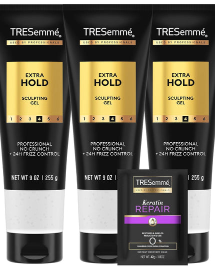 Hair Gel, Sculpting, Extra Hold, 3-Pack + Keratin Repair Instant Recovery Mask – Frizz Control, Professional Quality Styling Products, Alcohol-Free
