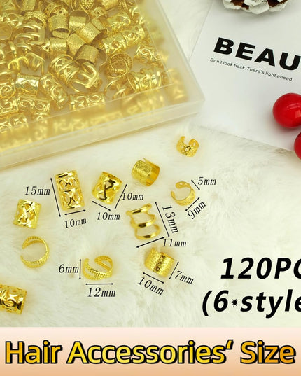 120Pcs Gold Hair Jewelry for Braids Dreadlock Hair Cuffs Adjustable Braid Rings Loc Decorations Hair Charms for Women Accessories