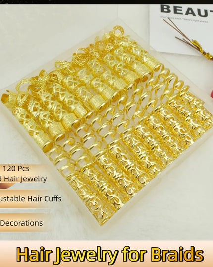 120Pcs Gold Hair Jewelry for Braids Dreadlock Hair Cuffs Adjustable Braid Rings Loc Decorations Hair Charms for Women Accessories