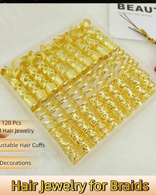 120Pcs Gold Hair Jewelry for Braids Dreadlock Hair Cuffs Adjustable Braid Rings Loc Decorations Hair Charms for Women Accessories