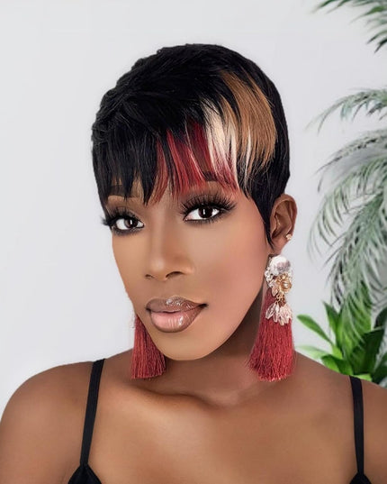 Chic Elegent Pixie Cut Wigs for Black Women Short Layered Pixie Haircut Wigs with Bangs Glueless Brazilian Virgin Human Hair 1B/33/613 Blonde Color for Daily Use