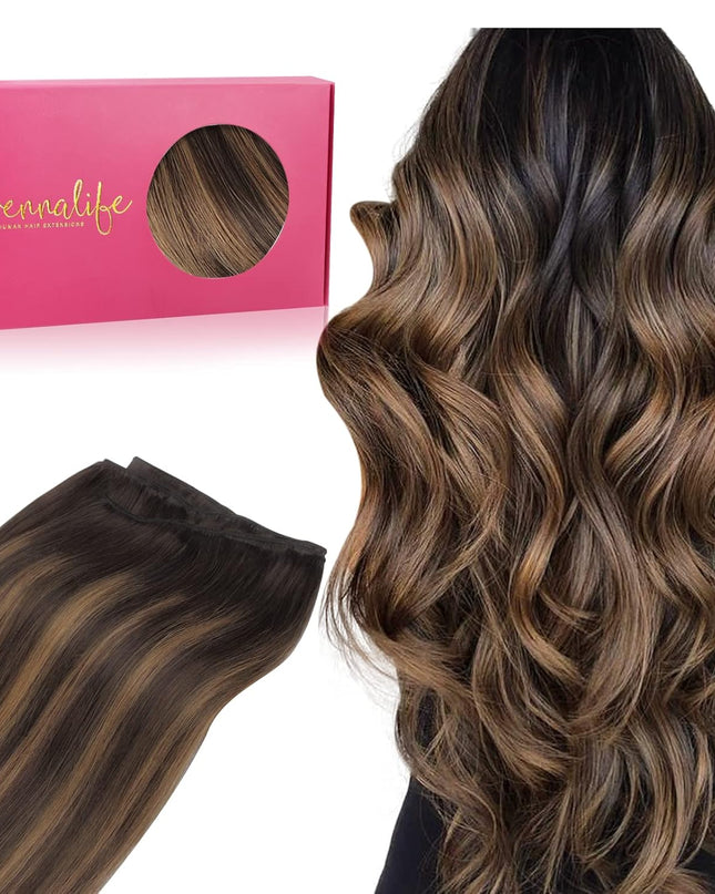 Sew in Hair Extensions Real Human Hair, Weft Hair Extensions Human Hair 18 Inch 90G Balayage Dark Brown to Chestnut Brown Hand Tied Weft Straight Extensiones De Cabello Hmano