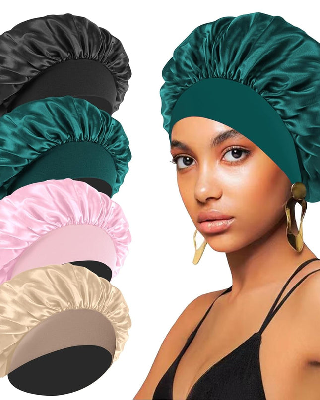 4PCS Silk Satin Bonnets for Black Women & Men - Elastic Wide Band Hair Wrap Cap for Curly Hair - Shower Cap for Sleeping (Black, Peacock Blue, Pink, Khaki)