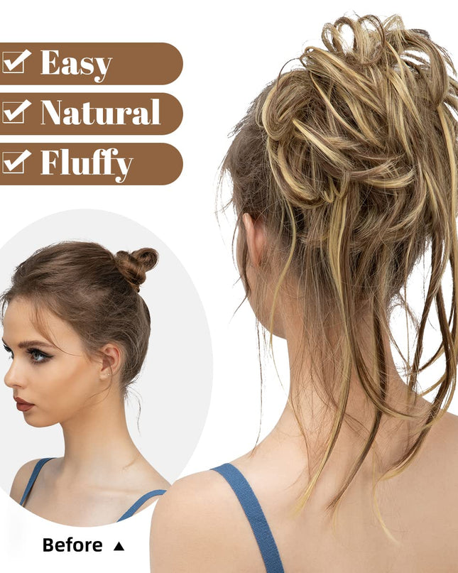 Messy Bun Hair Piece Curly Hair Bun Extensions with Straight Tails Synthetic Hair Scrunchies Ponytail Hairpieces for Women Brunette/Butter Blonde