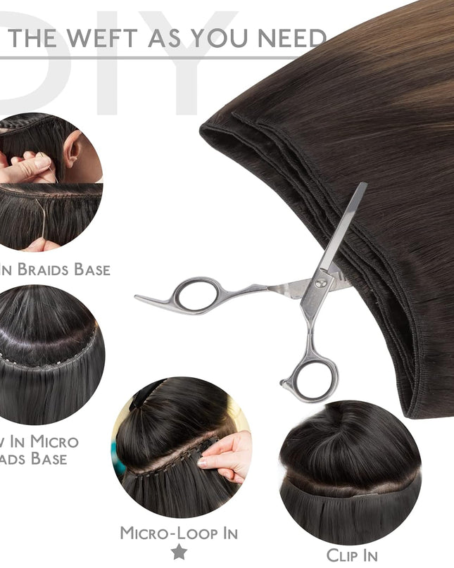 Sew in Hair Extensions Real Human Hair, Weft Hair Extensions Human Hair 18 Inch 90G Balayage Dark Brown to Chestnut Brown Hand Tied Weft Straight Extensiones De Cabello Hmano
