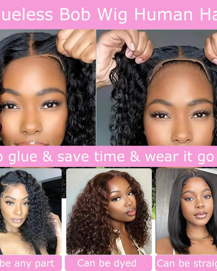 Bob Wig Human Hair Glueless 4X4 Water Wave Wigs Human Hair Glueless Wear and Go Bob Wig Pre Plucked Pre Cut Closure Short Curly Bob Wigs Natural Hairline 180% Density （12Inch）