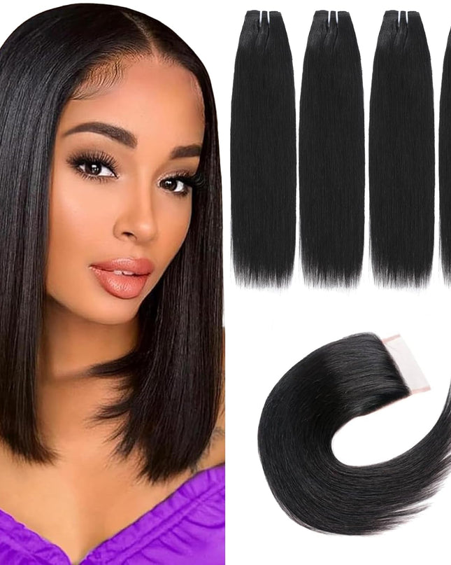 14 Inch Brazilian Straight Virgin Human Hair Extensions - 4 Bundles with Closure, 10A Unprocessed, 50G/Pcs, Natural Color (14 14 14 14 with 14 Closure)
