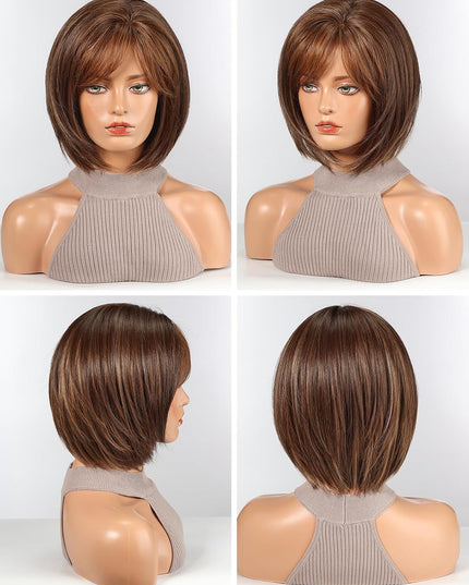 Bob Wigs for Women Synthetic Wig with Fringe Brown Color