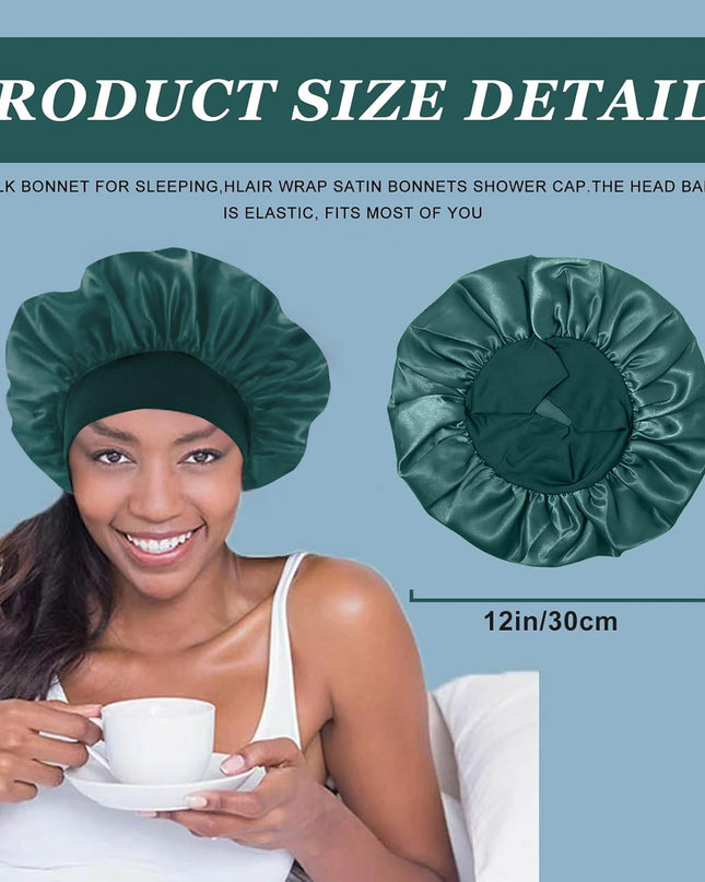 4PCS Silk Satin Bonnets for Black Women & Men - Elastic Wide Band Hair Wrap Cap for Curly Hair - Shower Cap for Sleeping (Black, Peacock Blue, Pink, Khaki)