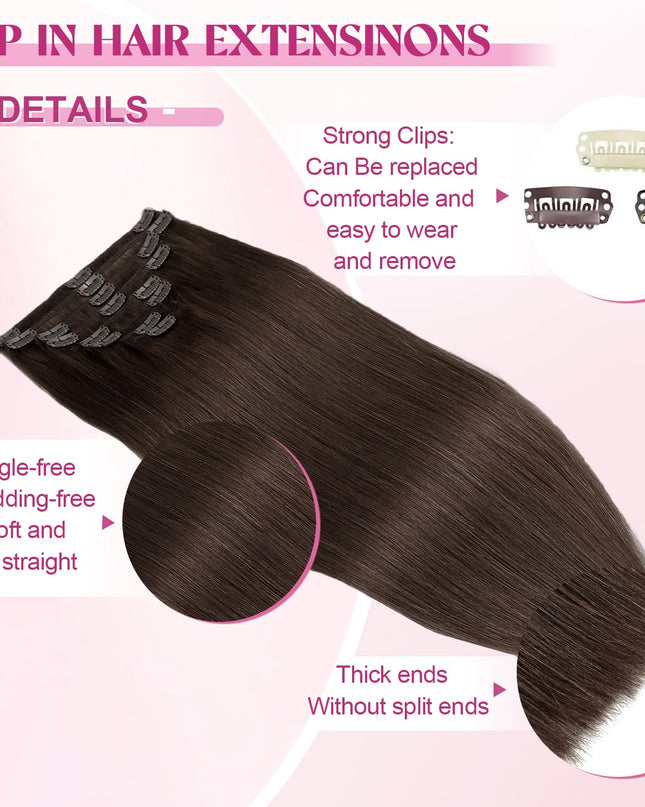 Clip in Hair Extensions Real Human Hair, Remy Human Hair Extensions Clip Ins for Women, 100% Natural Human Hair, Double Weftm, 16Inch 90G 8Pcs, #4 Chocolate Brown